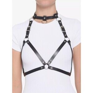 New! Hot Topic Black Faux Leather Bra Adjustable Harness O-Ring Choker Cosplay